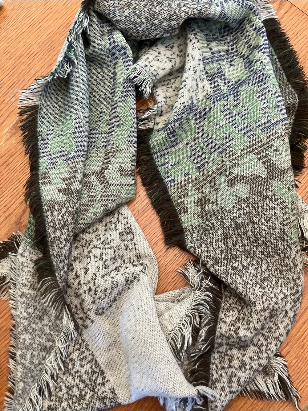 Green, Brown, and Blue Patterned Fringe Winter Scarf